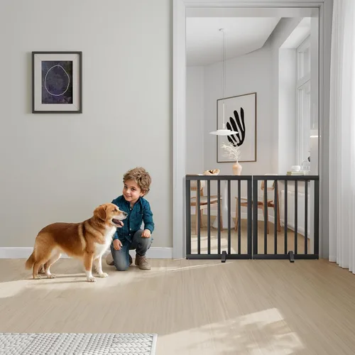 Vista 8 de Semiocthome Puertas de bambú para perros para interiores, puertas independientes de 2 paneles para cachorros para la casa con 2 soportes de metal