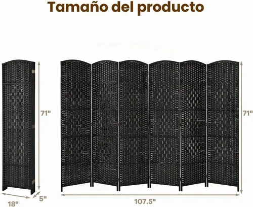 Vista 7 de Giantex Divisor de habitación de 6 paneles de 6 pies de alto, panel divisor de madera independiente con fibra de papel tejida a mano, separadores