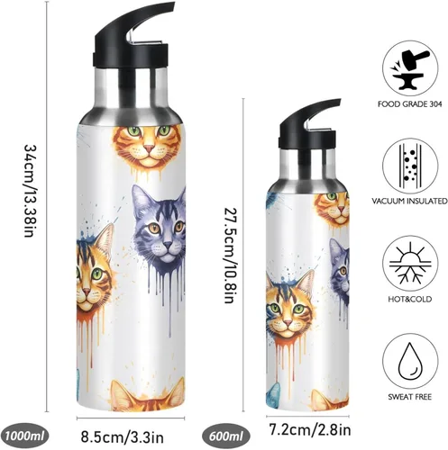 Vista 2 de Insulated Stainless Steel Water Bottle with Straw 32 Oz, BPA-Free Sport Water Bottle for Gym Outdoor Travel School, Colorful Cats Tie Dye