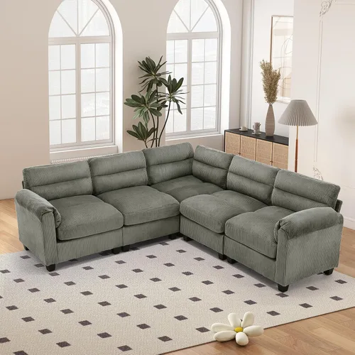 Vista 18 de HAOMARKETS Sofá esquinero modular en forma de L de 115 pulgadas con 2 otomanas móviles, sofás de pana de 8 plazas con cojín grueso para sala de Beige