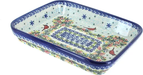 Vista 4 de Blue Rose Polish Pottery - Blue Arctic Holidays Molde Rectangular Pequeño - 9" x 7" - Único, Apto para Lavavajillas y Duradero para Hornear