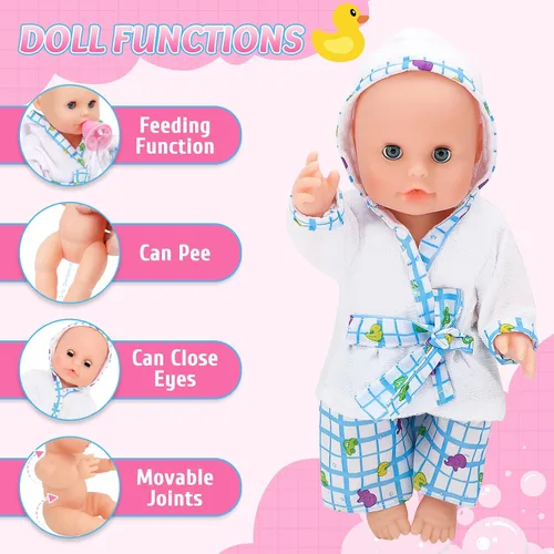 Vista 5 de deAO Juego de muñeca bebé, juego de muñeca de 13 pulgadas para hora del baño con spray de ducha funcional y accesorios para niños, muñeca bebé