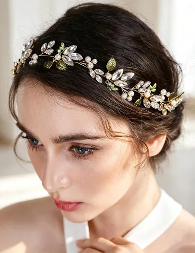 Vista 2 de Diadema de flores lindas para novia, dama de honor, hoja verde, pedazo de pelo de cristal, cuentas de vid