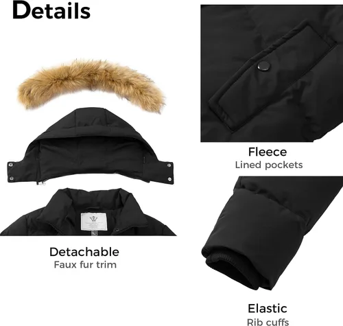 Vista 6 de WenVen - Abrigo de invierno acolchado para mujer, chaqueta cálida con capucha desmontable de pelo sintético