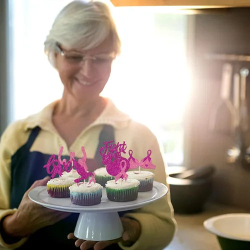 Vista 6 de Rsstarxi Paquete de 24 adornos para cupcakes con purpurina para concientización sobre el cáncer de mama, cinta rosa con purpurina para lucha contra