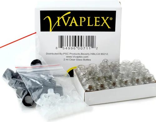 Vista 3 de Vivaplex, 24 botellas de vidrio transparentes de 0.1 fl oz (5/8 Dram), con reductores de orificios y tapas negras
