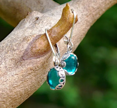 Vista 2 de Pendientes de plata de ley con tarro de masón vintage reciclado, colección botánica, Azul