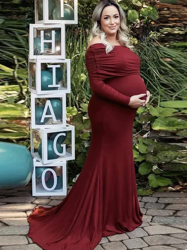 Vista 3 de Glampunch Vestido de maternidad con hombros descubiertos, manga larga, fruncido, vestido de maternidad para baby shower, fotografía, vestido
