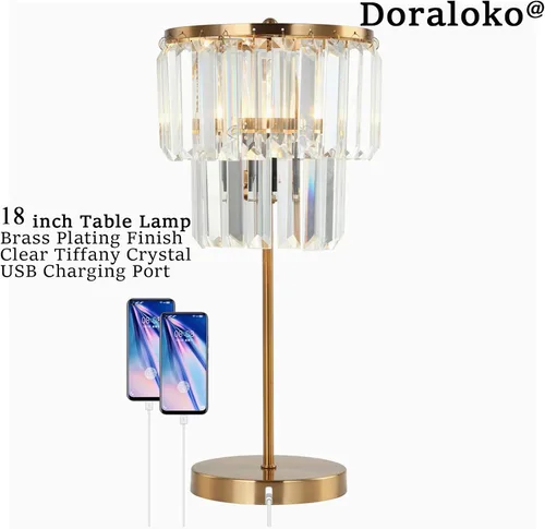 Vista 2 de Lámpara de noche para dormitorio, lámpara de mesa de cristal dorado de 18 pulgadas, gotas de cristal transparente Tiffany, puerto de carga USB