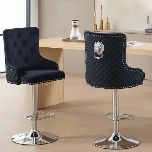 Vista 26 de Juego de 2 taburetes de bar de terciopelo beige con respaldo tuftado alto, anillo de tracción de león, reposapiés de base cromada para isla