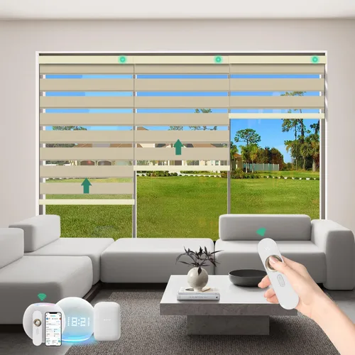 Vista 19 de Persianas motorizadas de cebra con control remoto [doble capa + filtro de luz] Persianas inteligentes 60% opacas para ventanas interiores