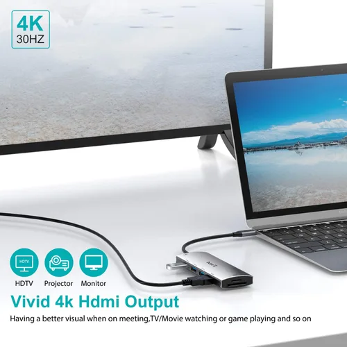 Vista 3 de Hub USB C, concentrador USB a HDMI multipuerto Aorz USB C adaptador 7 en 1 con salida HDMI 4K, 3 puertos USB 3.0, lector de tarjetas SD/Micro SD