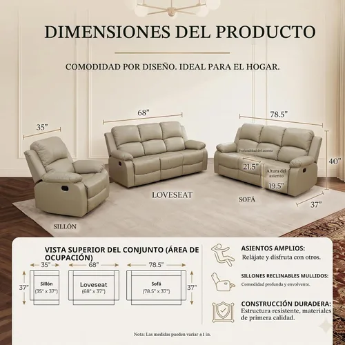 Vista 2 de Juego de sofá reclinable manual de 3 piezas, juego de muebles de sala de estar de tela beige con sofá reclinable de 3 asientos, sofá biplaza
