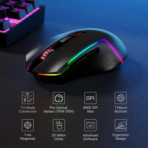 Vista 2 de Redragon M693 Mouse inalámbrico Bluetooth para juegos, 8000 DPI con conexión de 3 modos, BT y 2.4G inalámbrico, 7 botones macro, capacidad