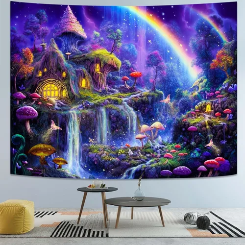 Vista 6 de Kanuyee Tapiz de luz negra de neón para colgar en la pared, bosque encantado, cascada, tapices para dormitorio, tapices UV, para colgar en la pared