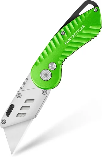 Vista 8 de FantastiCAR - Cuchillo plegable con caja para regalo, cuchillo utilitario de metal resistente con 5 cuchillas adicionales, cambio rápido