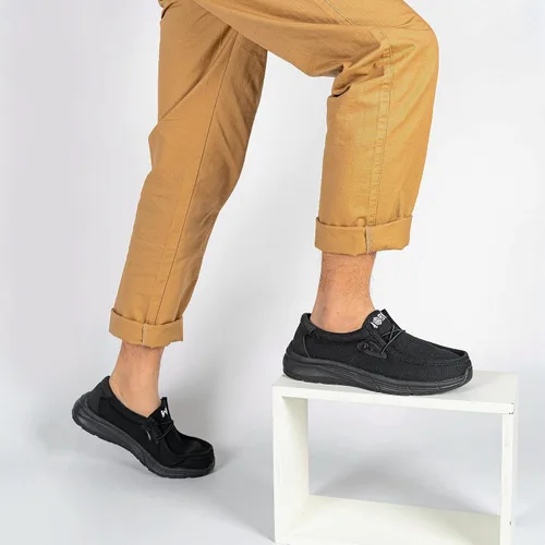 Vista 6 de LARNMERN Zapatos antideslizantes para el trabajo, sin cordones, para servicio de alimentos, zapatos antideslizantes para cocina, chef, bote, lona