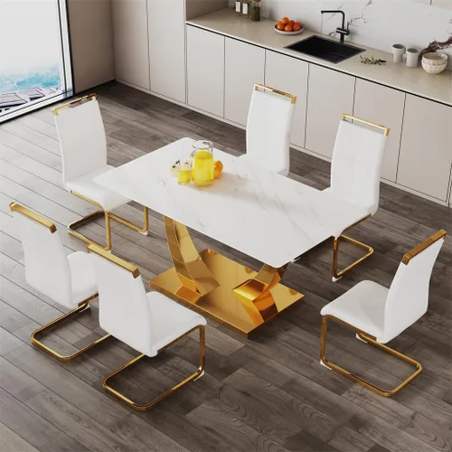 Vista 35 de Juego de mesa de comedor para 4, mesa de comedor de mármol sintético de 63 pulgadas con patas y base de acero inoxidable, sillas acolchadas
