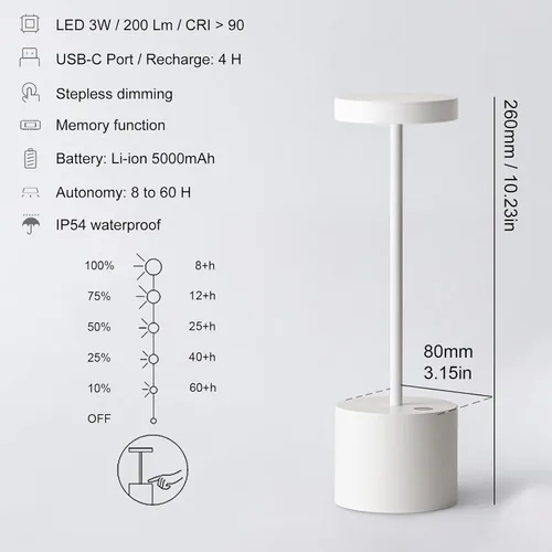 Vista 3 de Paquete de 2 Lámparas de Mesa Recargables Inalámbricas, 3 Temperaturas de Color y Regulable, IP54 Impermeable Operada por Batería, Luz LED Portátil