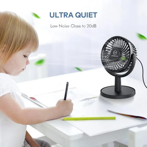 Vista 4 de Mini ventilador de escritorio, ventilador de escritorio alimentado por USB con 4 velocidades, pequeño pero potente, flujo de aire fuerte, trabajo