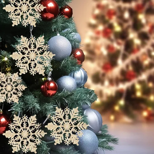 Vista 3 de AMS 30 unidades 4"/100 mm adornos de copo de nieve de plástico con purpurina brillante, decoración de árbol de Navidad para boda, Acción de Gracias