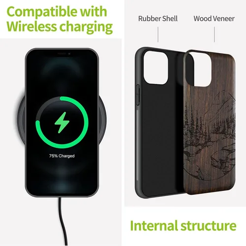 Vista 5 de Carveit Funda de madera para iPhone 11 [madera natural y TPU suave negro] a prueba de golpes, protector de madera único para teléfono compatible