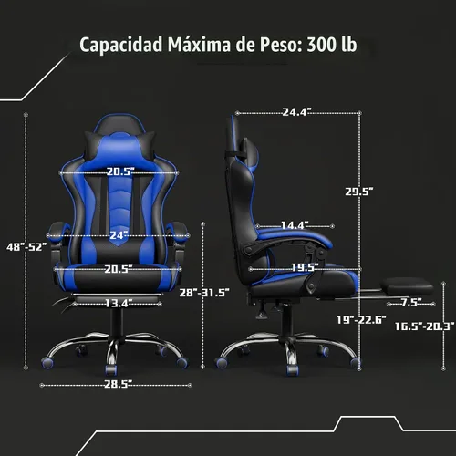 Vista 3 de Yaheetech Silla Gaming con reposapiés Masaje Almohada Lumbar Negro y Azul