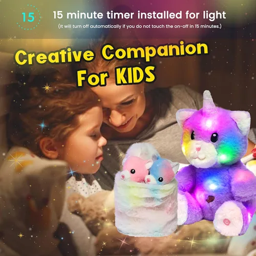 Vista 7 de Hopearl Gato de peluche LED con cubo extraíble que ilumina a mamá gata, con 3 gatitos en la canasta, juego de animales de peluche con luces