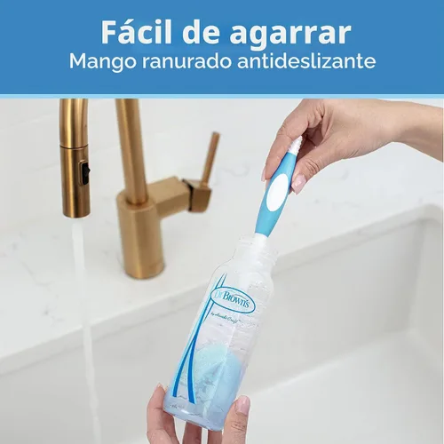 Vista 5 de Dr. Brown's Cepillo de limpieza de biberones de esponja reutilizable, azul, paquete de 3 + cepillo de limpieza de ventilación anticólico, sin BPA