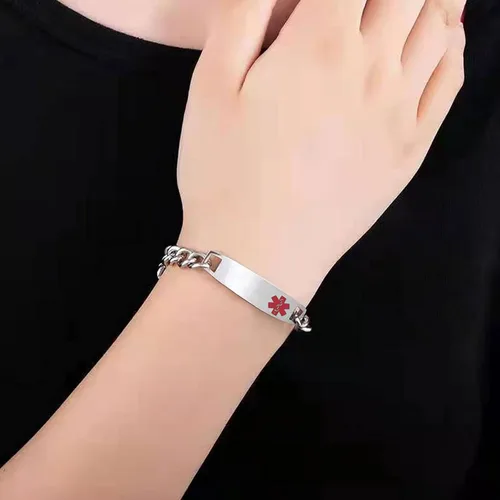 Vista 5 de TGLS Pulsera de alerta médica roja para mujeres y hombres, pulsera de emergencia de primeros auxilios de salud grabada ajustable de acero inoxidable