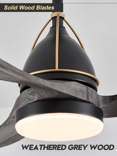Vista 4 de Ventilador de techo de 52 pulgadas de madera gris sólida con luces, 3 aspas, ventilador de techo estilo granja, ventiladores negros para exteriores