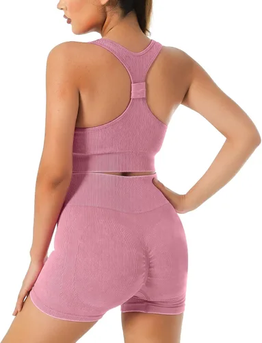 Vista 3 de JOTEUS - Conjunto de yoga de 2 piezas sin costuras, acanalado, brasier deportivo de cintura alta, pantalones cortos de gimnasio, conjuntos de ropa