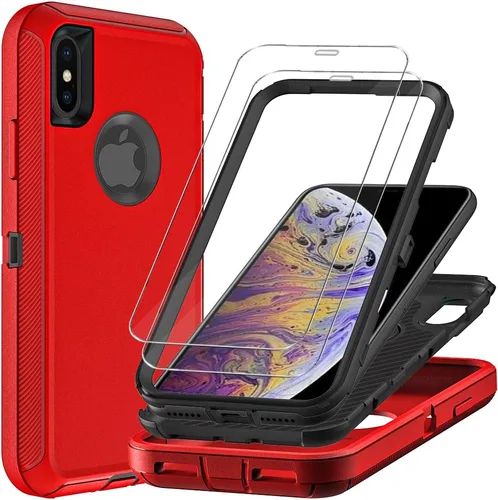 Vista 9 de Funda para iPhone Xs Max con 2 protectores de pantalla de vidrio templado, grado militar 3 en 1, resistente a prueba de golpes, caídas y polvo