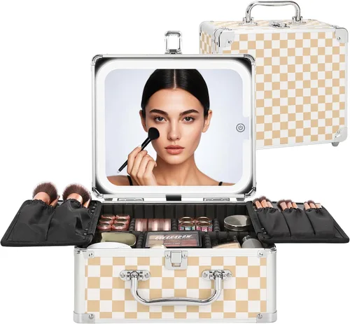Vista 13 de Relavel - Bolsa de maquillaje con espejo LED, estuche de maquillaje para viajes en tren con espejo iluminado recargable y divisores ajustables Negro