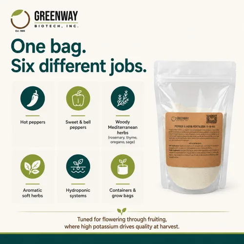 Vista 5 de Greenway Biotech, Inc. Fertilizante de pimienta y hierbas 11-11-40 en polvo - Soluble en agua con micronutrientes quelados para pimientos picantes