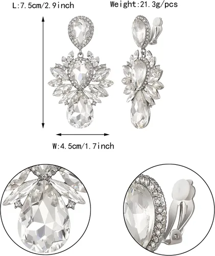 Vista 4 de EVER FAITH Aretes colgantes con clip de cristal de diamantes de imitación, estilo vintage, gota de agua, estilo marquesa, Cristal, No es una piedra
