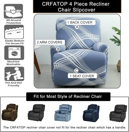 Vista 4 de CRFATOP Funda estampada para sillón reclinable, 4 piezas con bolsillos, 1 asiento, funda de muebles para sillón reclinable, protector de muebles