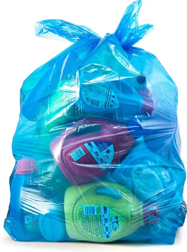 Vista 2 de Bolsas de basura de reciclaje de 55 galones, (50 unidades con lazos) Bolsas de basura grandes de plástico azul