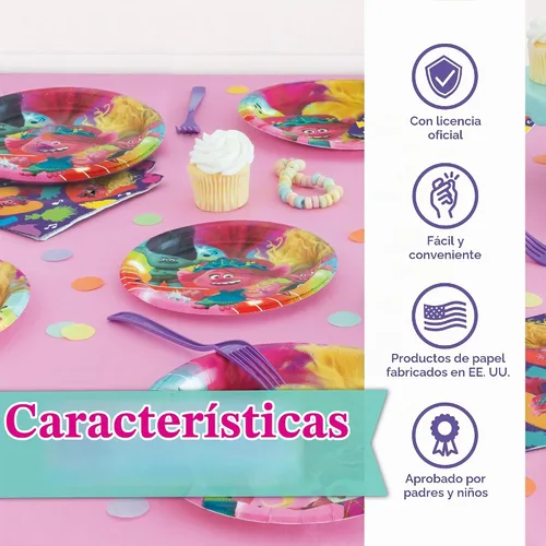 Vista 5 de Trolls - Decoraciones para fiestas de cumpleaños, paquete de 16 platos