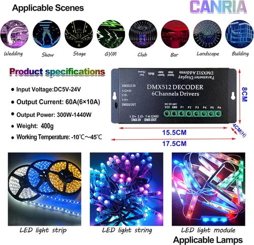 Vista 5 de Controlador LED Decoder DMX512 de 6 canales CANRIA DC 5V-24V, para tira de luz LED RGBRGB RGBW RGBWW RGBWWW, pantalla de 4 dígitos