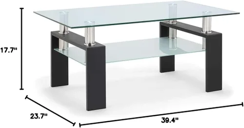 Vista 3 de Mesas de café para sala de estar, estante de almacenamiento de 2 capas rectangular de cristal para té negro