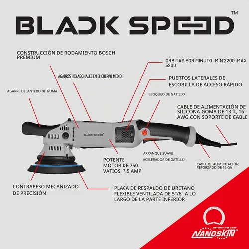 Vista 6 de Nanoskin Black Speed Orbital Polisher for Paint Correction, 15mm