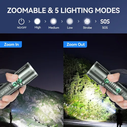 Vista 3 de LETMY Paquete de 2 linternas LED - Linternas tácticas súper brillantes de alto lúmenes - Luz de flash con zoom, 5 modos, linternas impermeables Gris