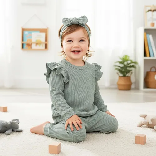 Vista 2 de Conjunto de ropa de bebé niña para otoño e invierno, conjunto de sudadera de manga larga y pantalones con diadema