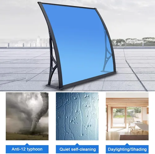 Vista 2 de Cubierta de policarbonato curvada azul, cubierta de aleación de aluminio, refugio de lluvia para ventana del hogar, toldo de ventana de puerta