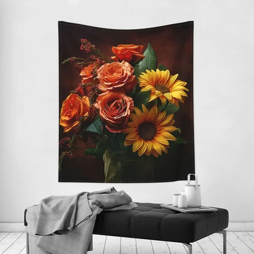 Vista 9 de Dwrepo Tapiz con estampado de girasoles y rosas, colorido y moderno para colgar en la pared, divertidos tapices de pared para decoración del hogar