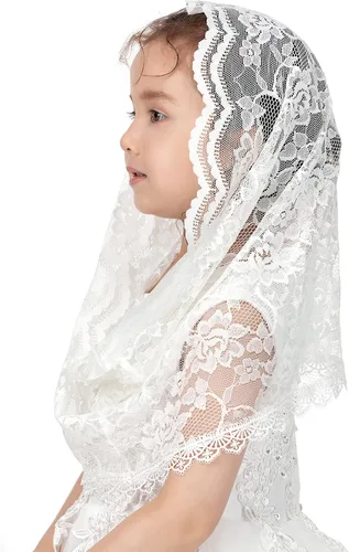 Vista 9 de PAMOR Velos infinitos de primera comunión para niñas velo capilla de encaje velo de mantilla velos de iglesia latina para bautismo católico Blanco B