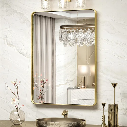 Vista 104 de TokeShimi Espejo de pared de baño de níquel cepillado de 20 x 30 pulgadas, marco de metal, esquina redonda, rectangular, para decoración del hogar
