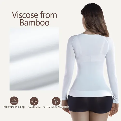 Vista 2 de +MD Camisetas de bambú para mujer para cintura y busto de manga larga, ropa interior térmica con cuello redondo