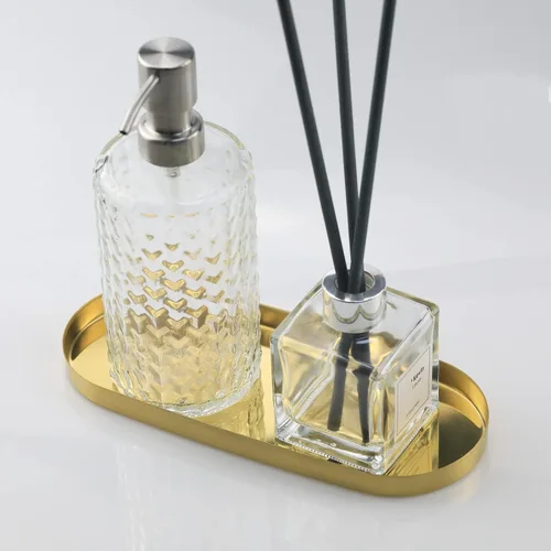 Vista 5 de FREELOVE Bandeja dorada de espejo para tocador de baño, pequeñas bandejas decorativas de metal de latón, baratija ovalada redonda rectangular